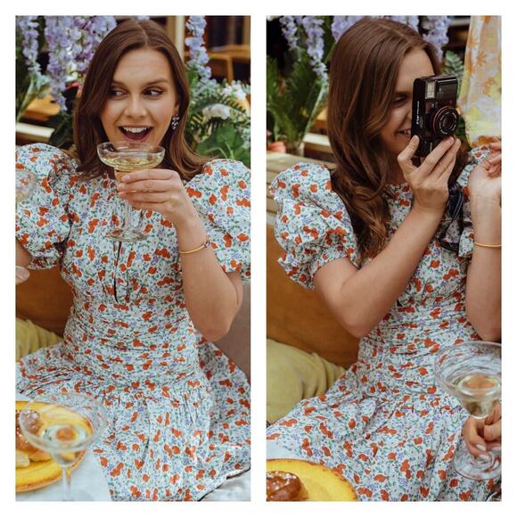 ByTiMO Festive Floral Puff Sleeve Mini Drop Waist Dress In Poppy Size XS - Picture 4 of 16